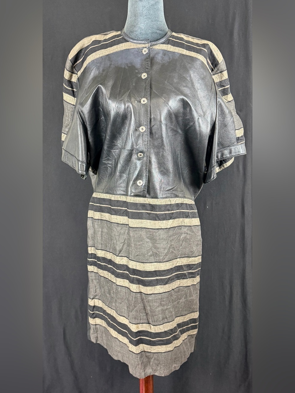 VTG Black Leather & Linen Striped Midi Dress - Black Cream S/M Dolman Sleeve